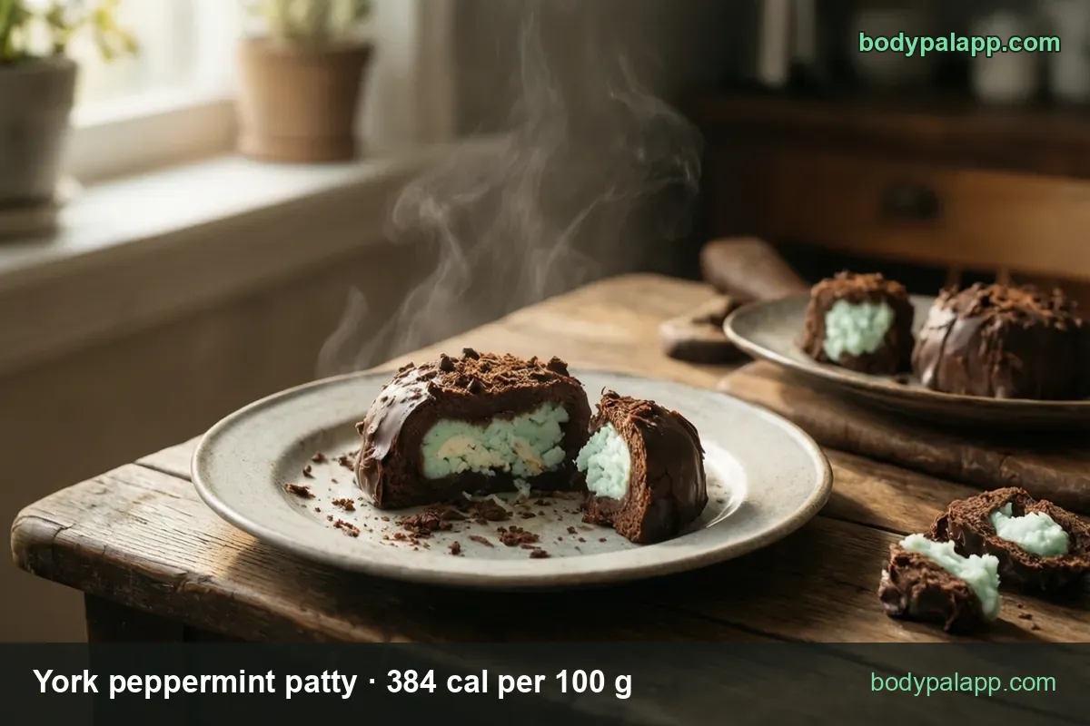 Cut peppermint patties on two plates with serving chips: 1 patty (43 g) 165 cal and 3 snack-size pieces (41 g) 157 cal