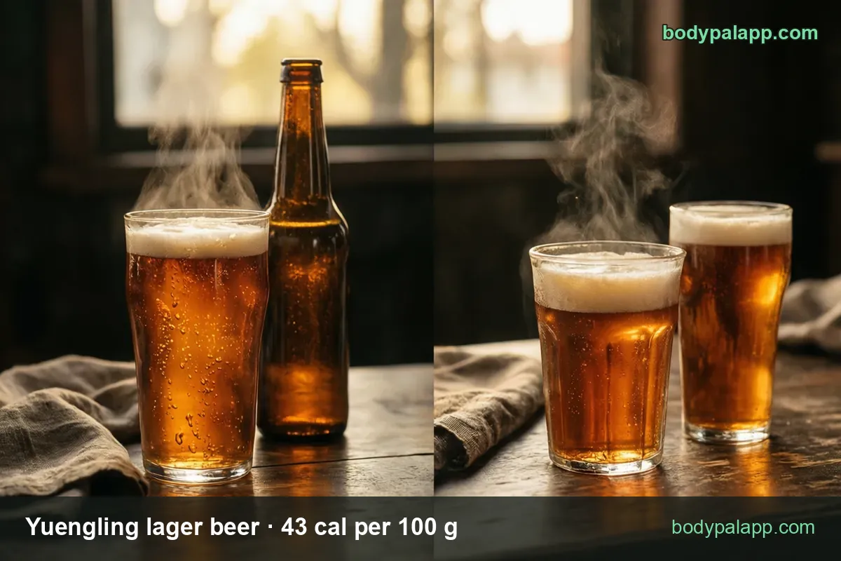 Two panels: a foamy pint beside a plain brown bottle, and two pints on a table, marked 1 pint 204 cal and 12 fl oz 153 cal