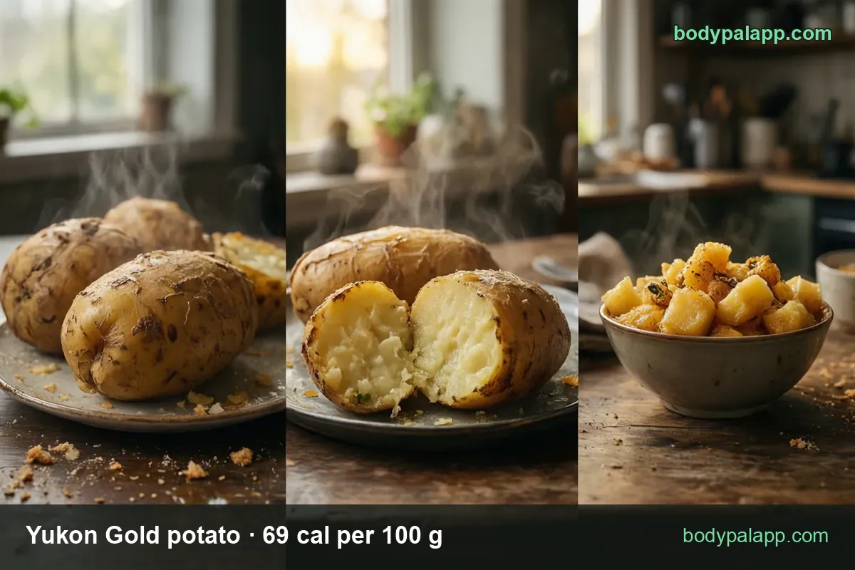 Baked Yukon Gold potatoes labeled 1 medium potato 213 g 147 calories and 1 small potato 92 g 63 calories