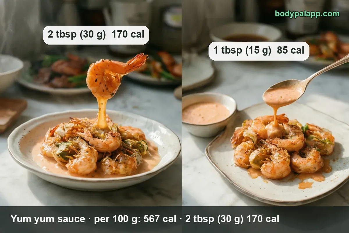 Shrimp under creamy pink-orange yum yum sauce and a small bowl of the sauce, labeled 2 tbsp 170 cal and 1 tbsp 85 cal