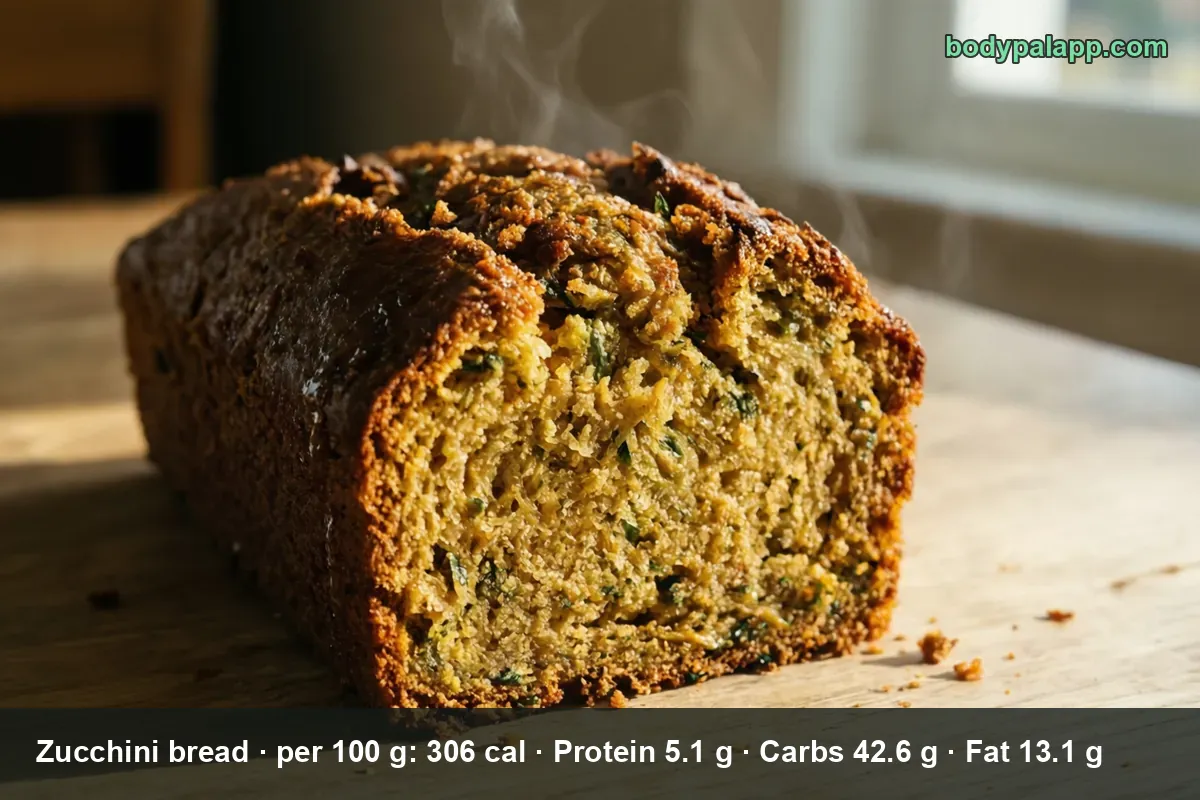 Sliced loaf of zucchini bread with a crisp crust and steam rising, showing a moist crumb flecked with green zucchini