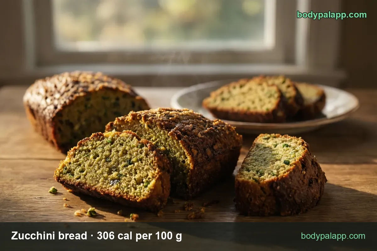 Whole zucchini bread loaf behind three thick slices on a board and two slices on a white plate, 1 slice 40 g and 2 slices 80 g