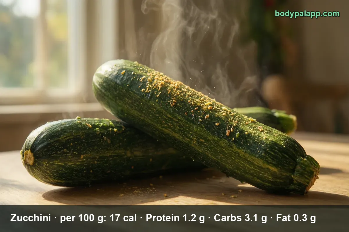 Two whole dark green zucchini on a wooden board with light steam rising and a fine yellow seasoning dusting.