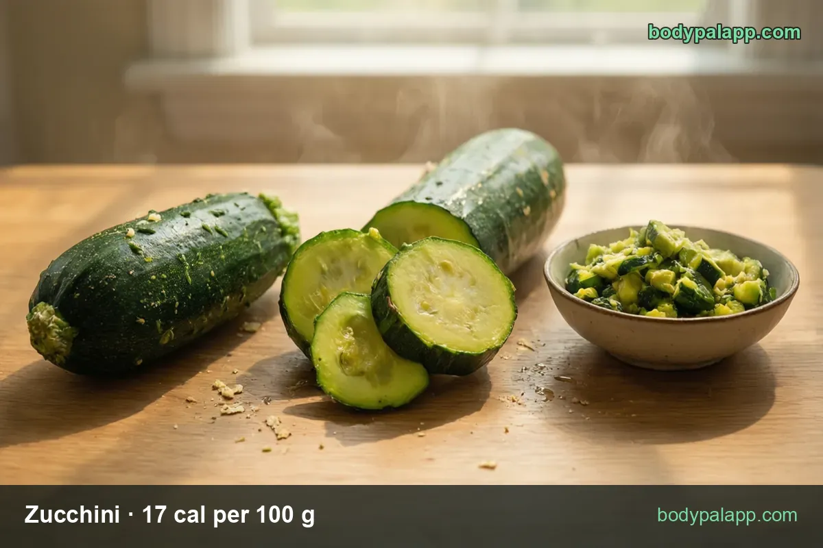 Whole zucchini, a cut one with three slices and a bowl of diced zucchini, labeled 1 medium (196 g) 33 cal and 1 cup sliced (113 g) 19 cal.