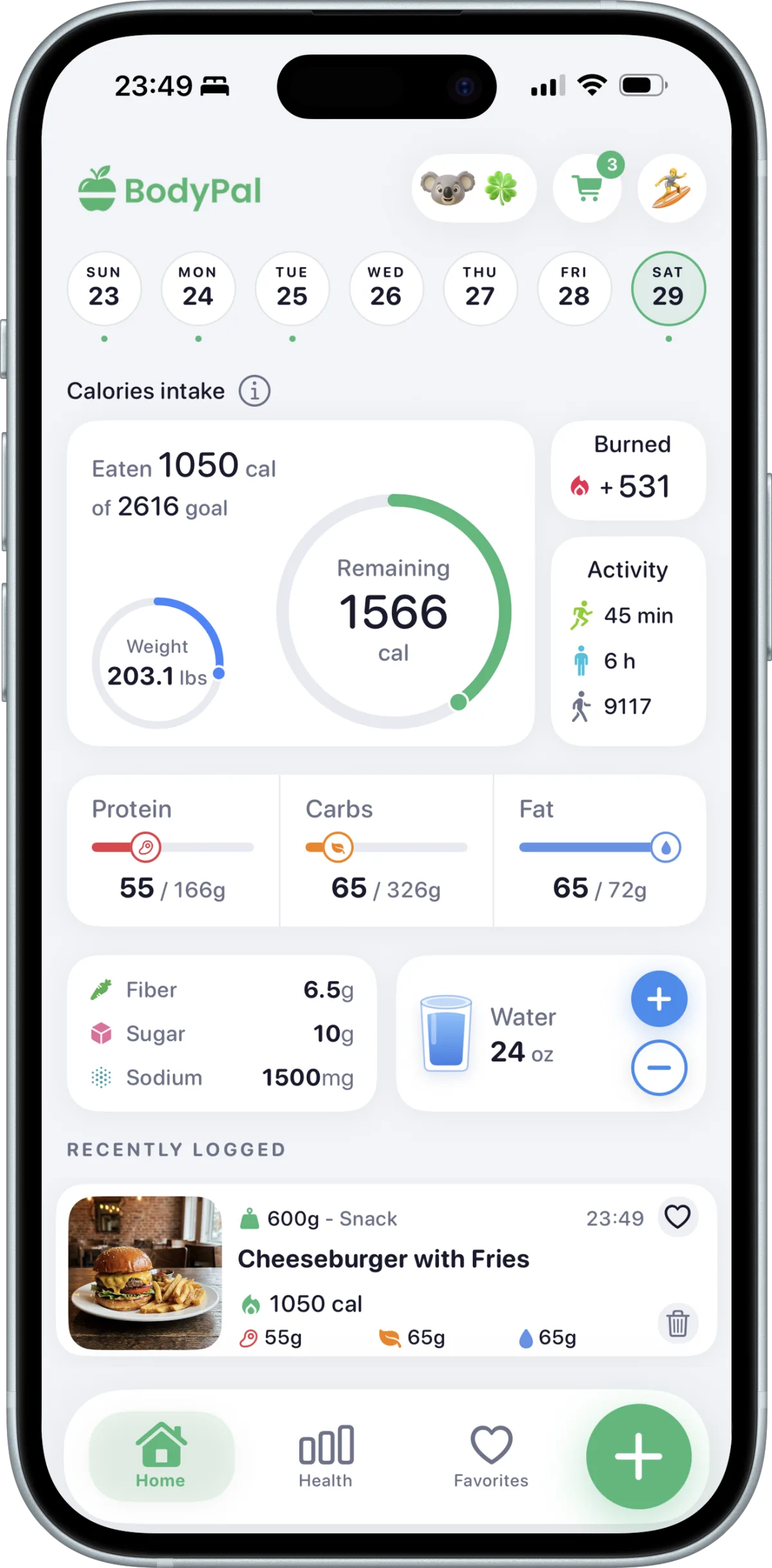 BodyPal home dashboard — calories eaten and remaining, macros, fiber, sugar, sodium, water and the logged cheeseburger meal