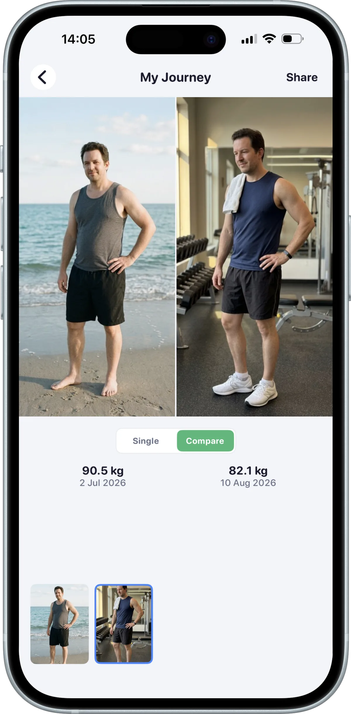 BodyPal My Journey — before and after progress photos, 90.5 kg to 82.1 kg