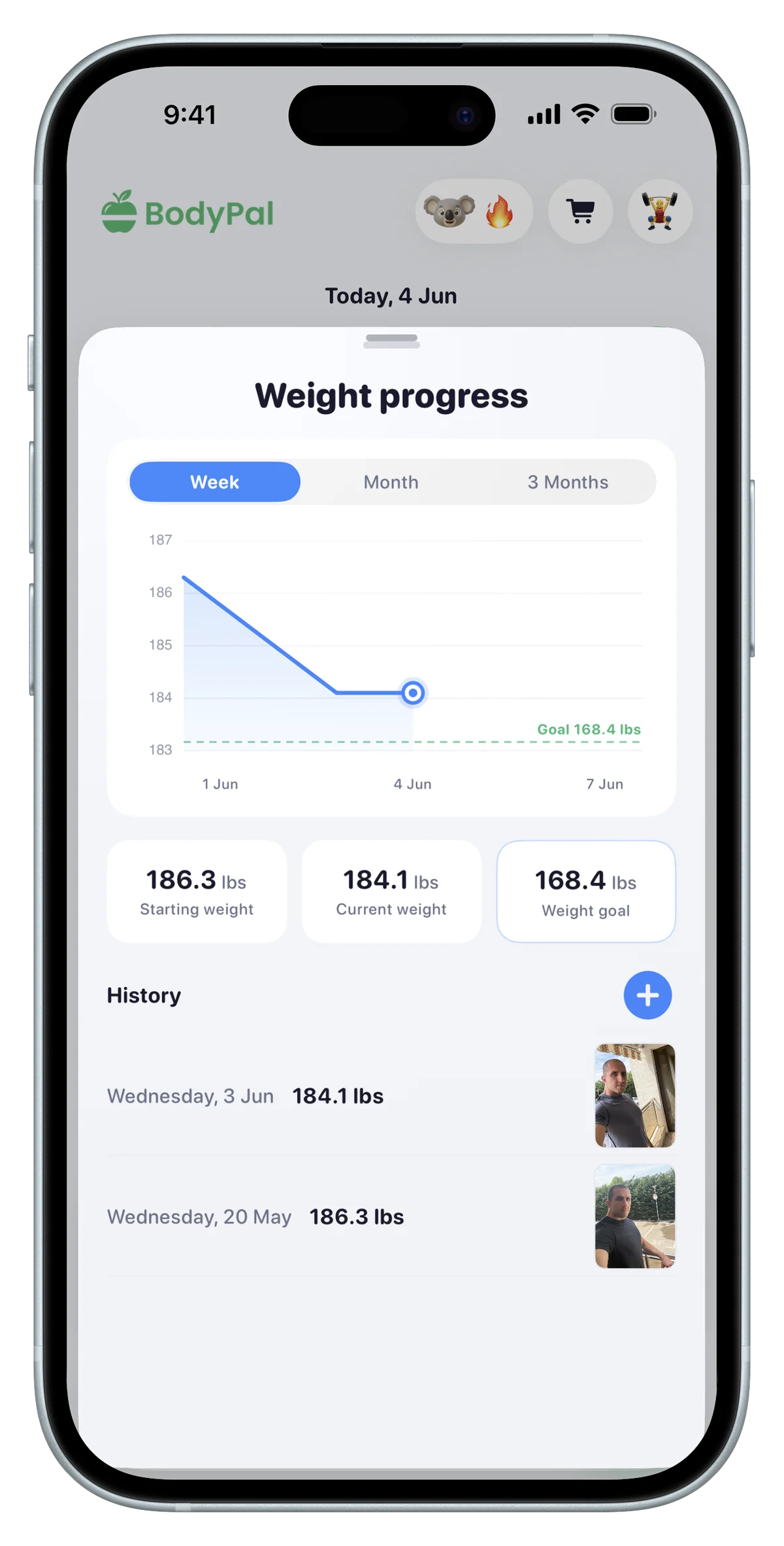 BodyPal weekly progress charts with day streak and calorie + hydration overview