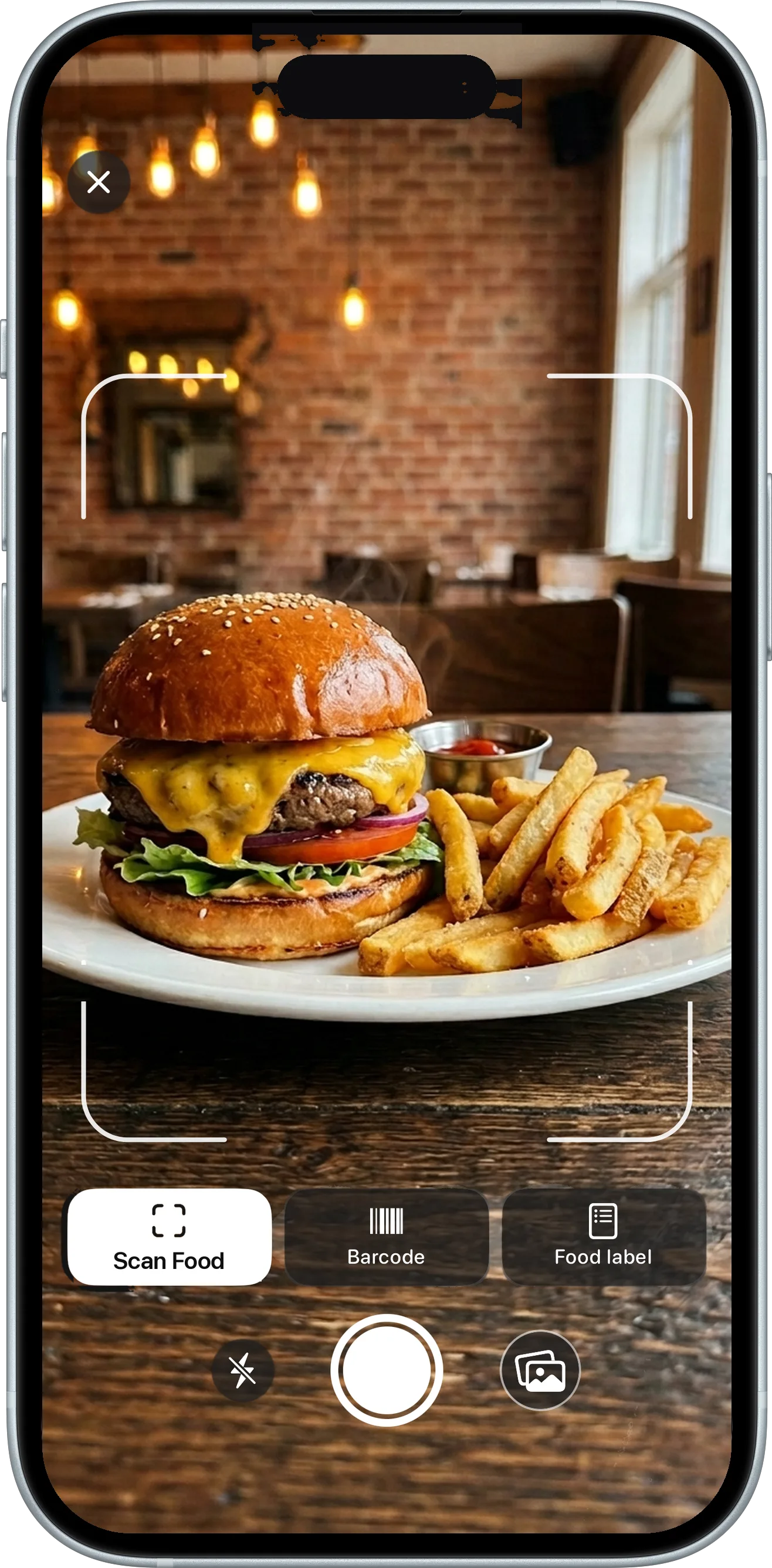 BodyPal AI scanner framing a cheeseburger and fries on a restaurant table