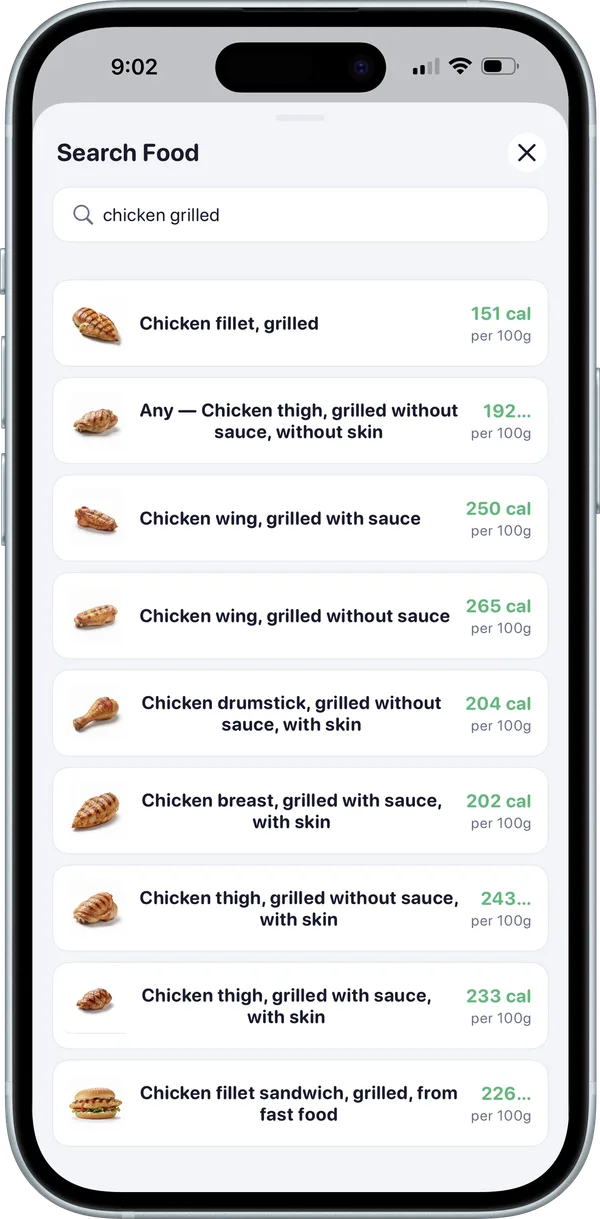 BodyPal food search — nine grilled chicken results with photos and calories